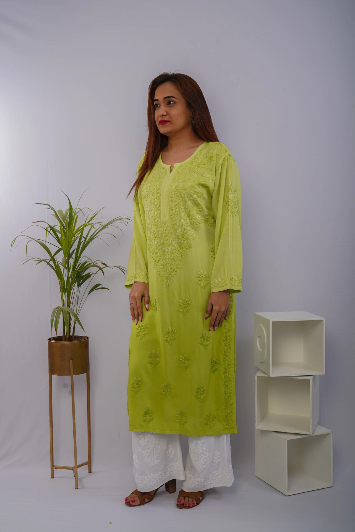 Rayon Resham Thread Chikankari Solid Women's Long Kurta - Neon Green