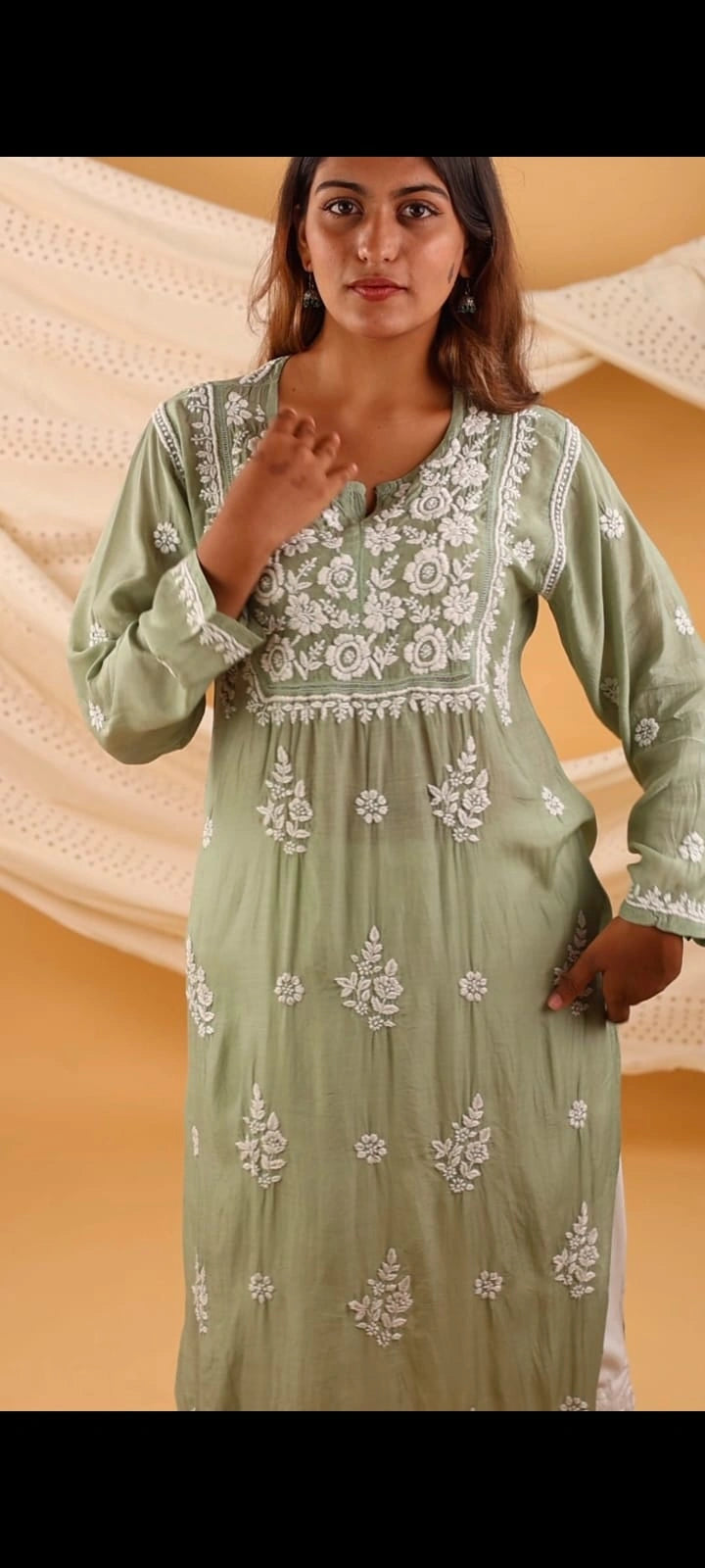Muslin Chikankari & Qureshia Solid Women's Long Kurta - Olive Green
