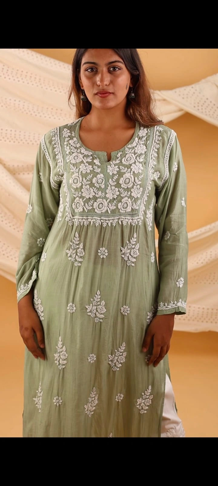Muslin Chikankari & Qureshia Solid Women's Long Kurta - Olive Green