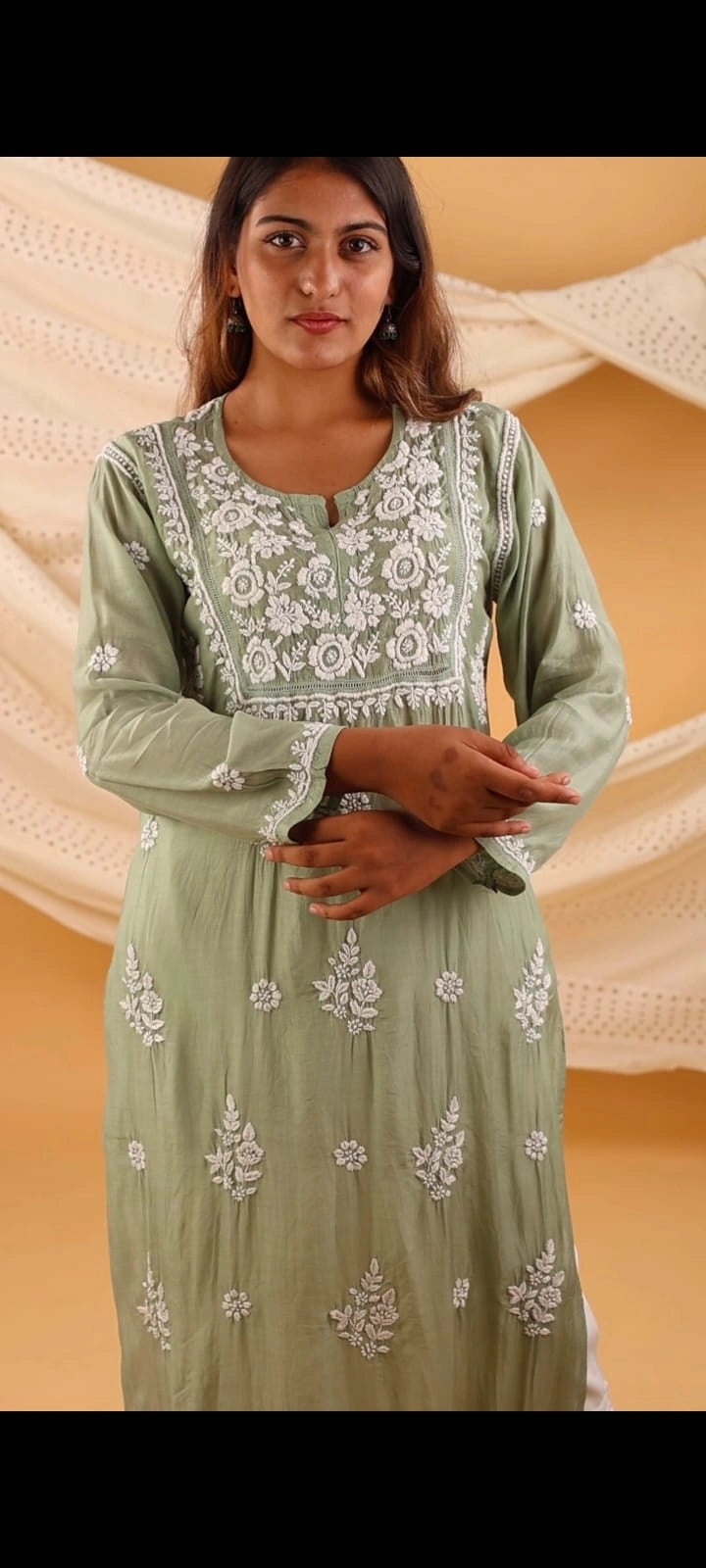 Muslin Chikankari & Qureshia Solid Women's Long Kurta - Olive Green