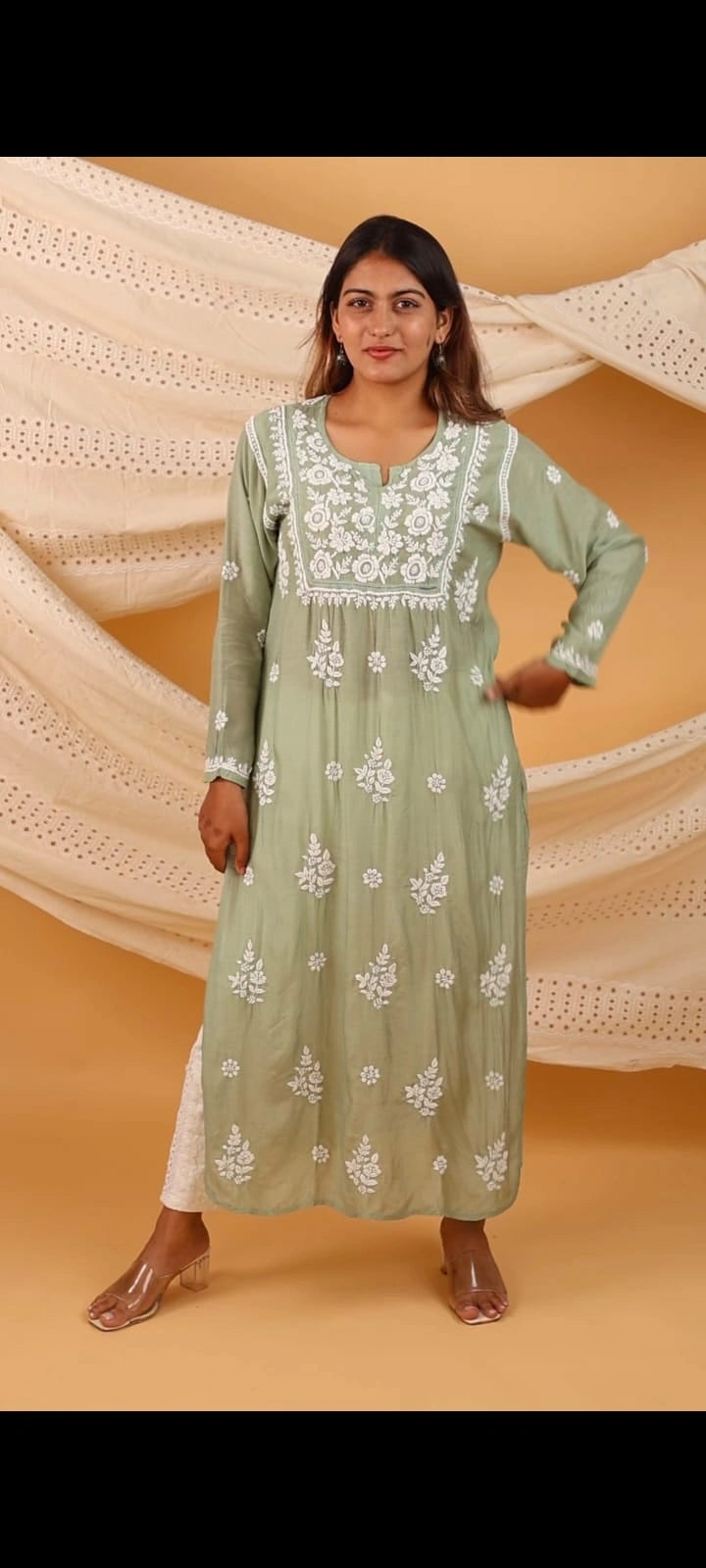 Muslin Chikankari & Qureshia Solid Women's Long Kurta - Olive Green