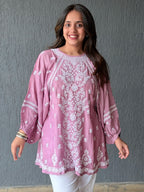 Muslin Chikankari Solid Women's Short Kurta with Puff Sleeves - Onion Pink
