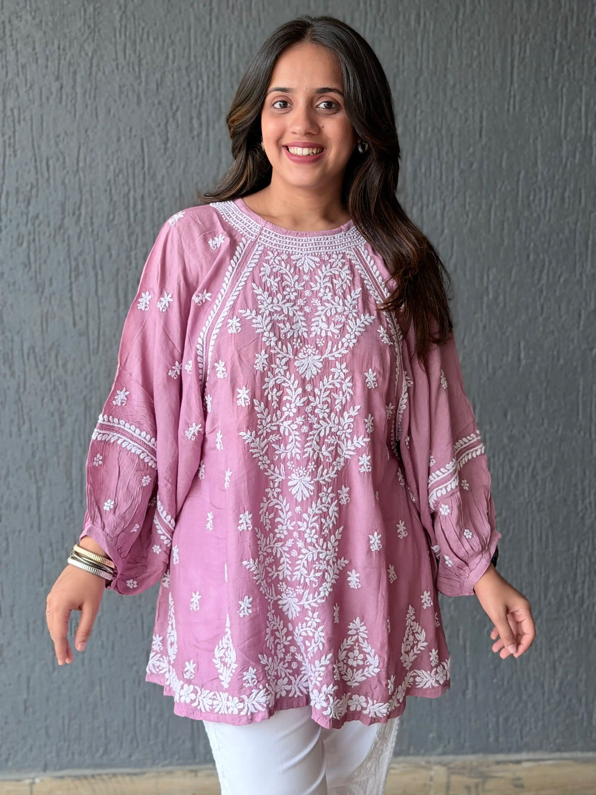 Muslin Chikankari Solid Women's Short Kurta with Puff Sleeves - Onion Pink