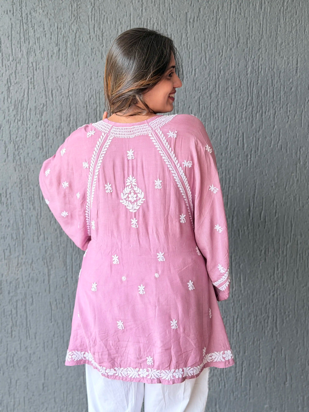 Muslin Chikankari Solid Women's Short Kurta with Puff Sleeves - Onion Pink