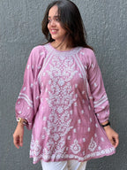 Muslin Chikankari Solid Women's Short Kurta with Puff Sleeves - Onion Pink