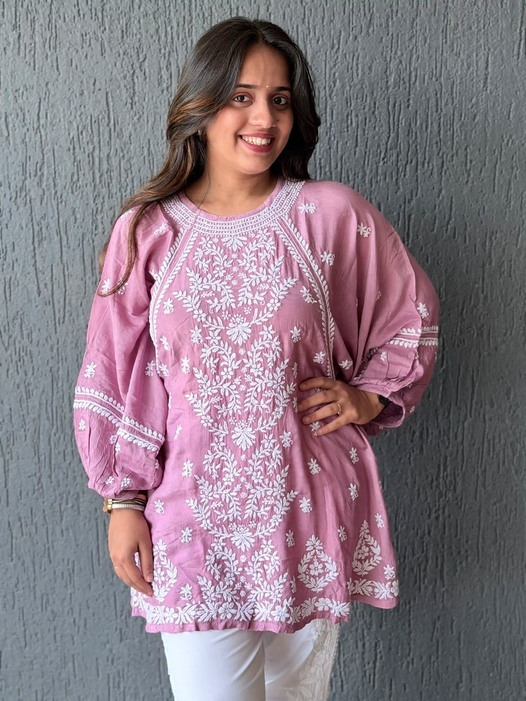 Muslin Chikankari Solid Women's Short Kurta with Puff Sleeves - Onion Pink