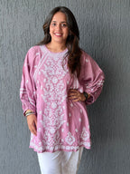 Muslin Chikankari Solid Women's Short Kurta with Puff Sleeves - Onion Pink