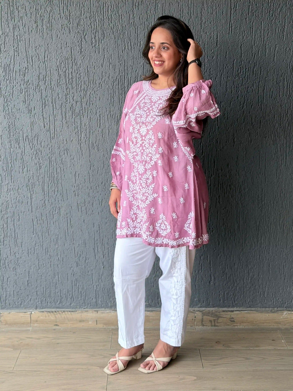 Muslin Chikankari Solid Women's Short Kurta with Puff Sleeves - Onion Pink