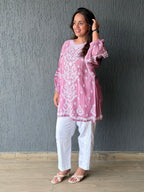 Muslin Chikankari Solid Women's Short Kurta with Puff Sleeves - Onion Pink