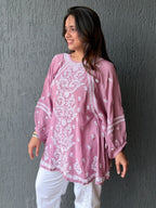 Muslin Chikankari Solid Women's Short Kurta with Puff Sleeves - Onion Pink