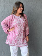 Muslin Chikankari Solid Women's Short Kurta with Puff Sleeves - Onion Pink