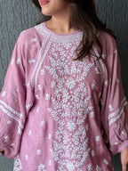 Muslin Chikankari Solid Women's Short Kurta with Puff Sleeves - Onion Pink