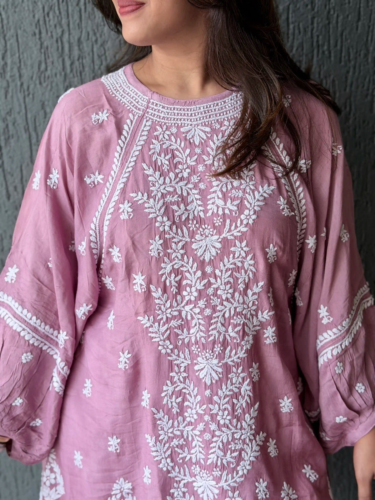 Muslin Chikankari Solid Women's Short Kurta with Puff Sleeves - Onion Pink