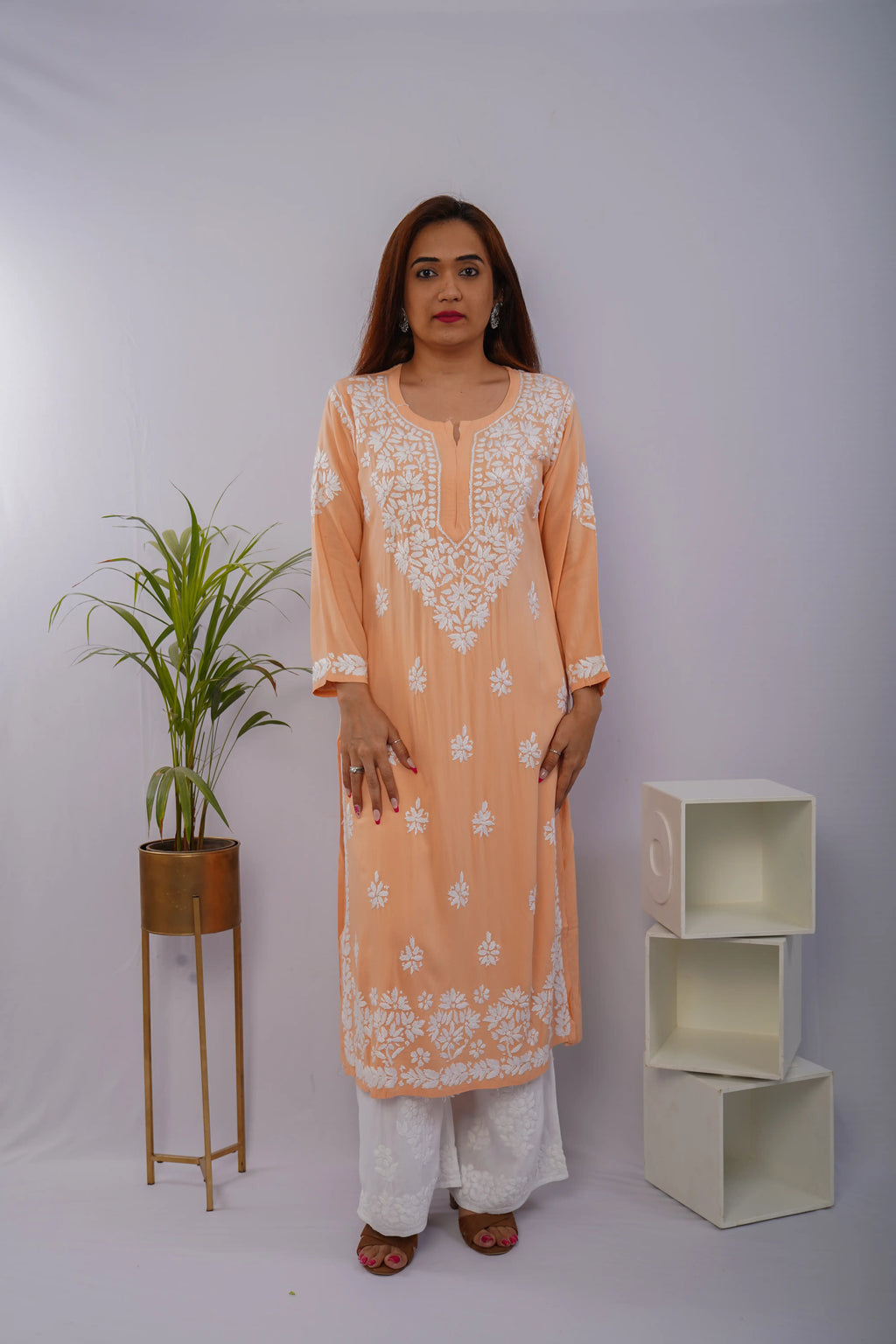 Rayon Hand Chikankari Solid Women's Long Kurta - Peach