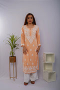 Rayon Hand Chikankari Solid Women's Long Kurta - Peach