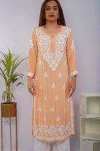Rayon Hand Chikankari Solid Women's Long Kurta - Peach