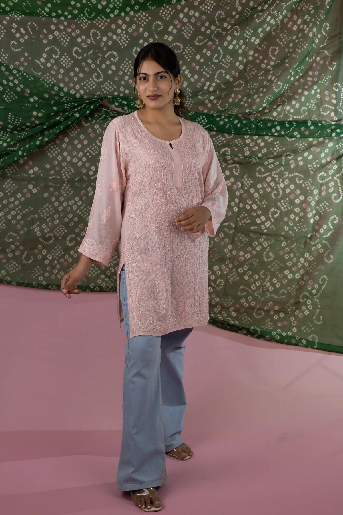 Muslin Chikankari Solid Women's Short Kurta with Jaal Work - Peach