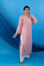 Modal Self Chikankari Solid Women's Long Kurta - Pink