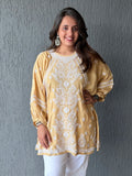 Muslin Chikankari Solid Women's Short Kurta with Puff Sleeves - Beige