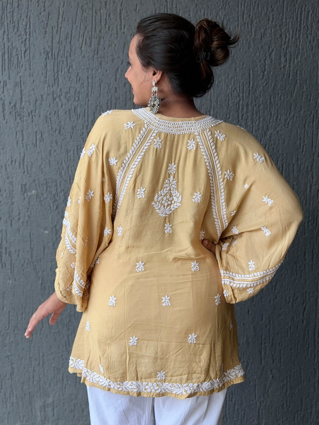 Muslin Chikankari Solid Women's Short Kurta with Puff Sleeves - Beige