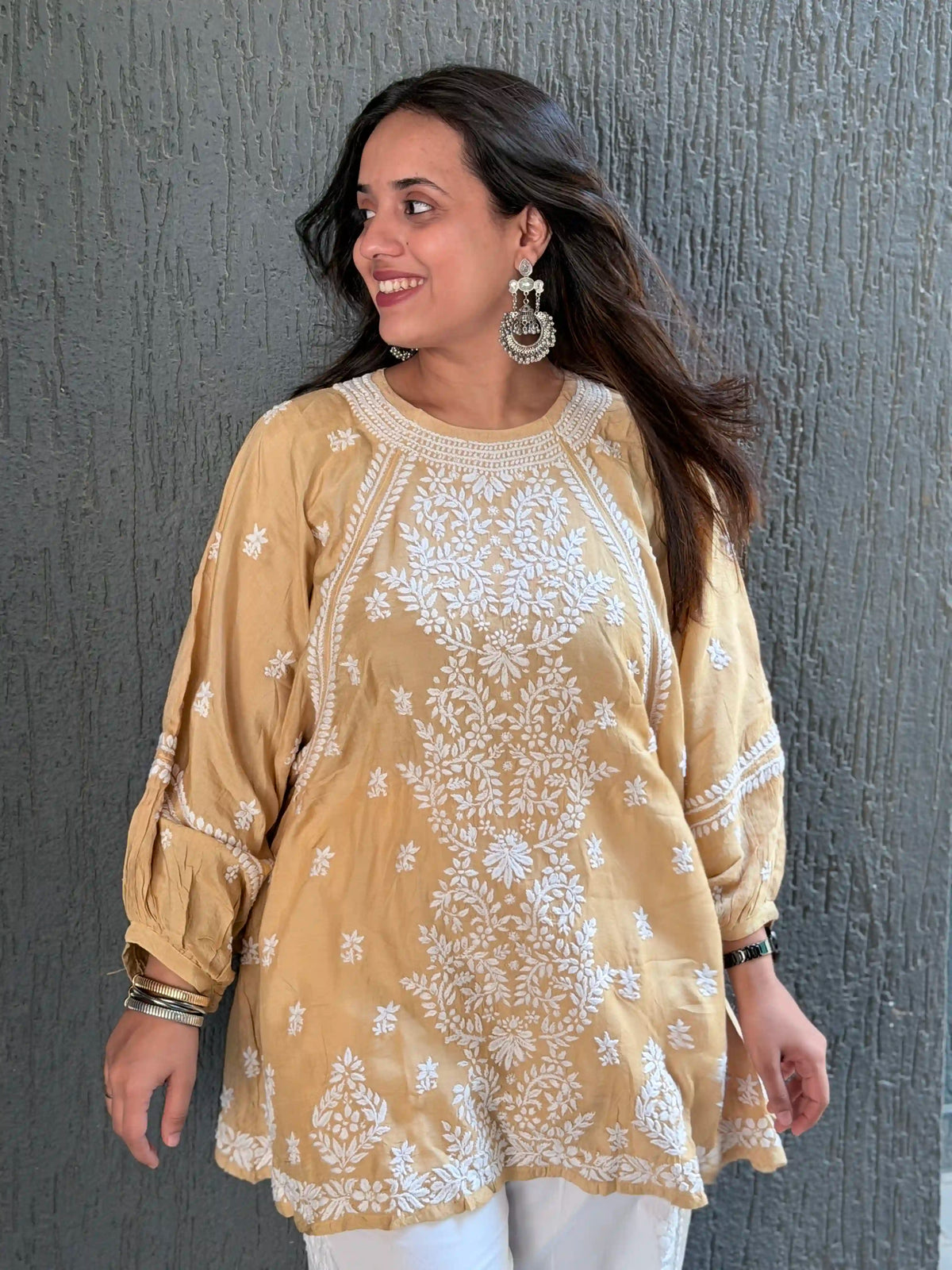 Muslin Chikankari Solid Women's Short Kurta with Puff Sleeves - Beige