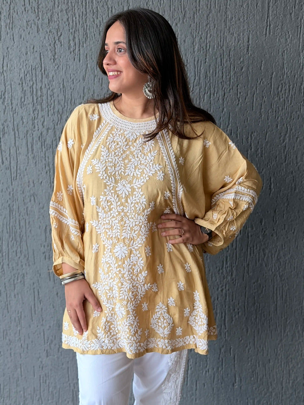 Muslin Chikankari Solid Women's Short Kurta with Puff Sleeves - Beige