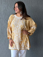 Muslin Chikankari Solid Women's Short Kurta with Puff Sleeves - Beige