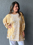 Muslin Chikankari Solid Women's Short Kurta with Puff Sleeves - Beige