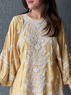 Muslin Chikankari Solid Women's Short Kurta with Puff Sleeves - Beige