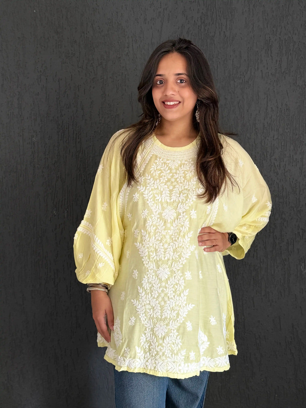 Muslin Chikankari Solid Women's Short Kurta with Puff Sleeves - Lime Yellow