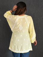 Muslin Chikankari Solid Women's Short Kurta with Puff Sleeves - Lime Yellow