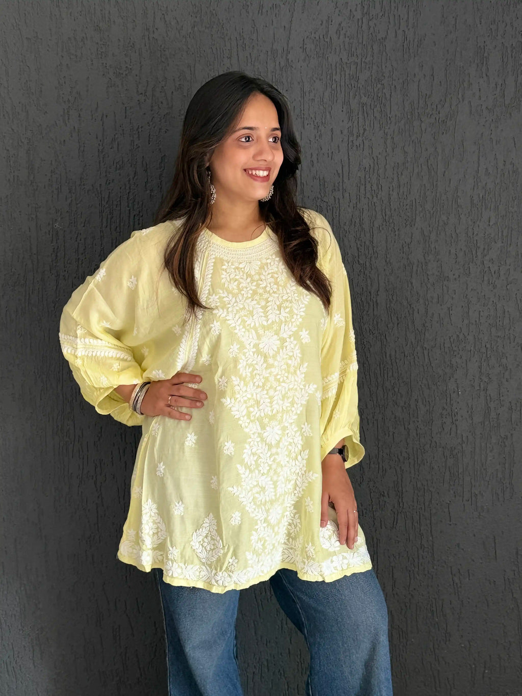 Muslin Chikankari Solid Women's Short Kurta with Puff Sleeves - Lime Yellow