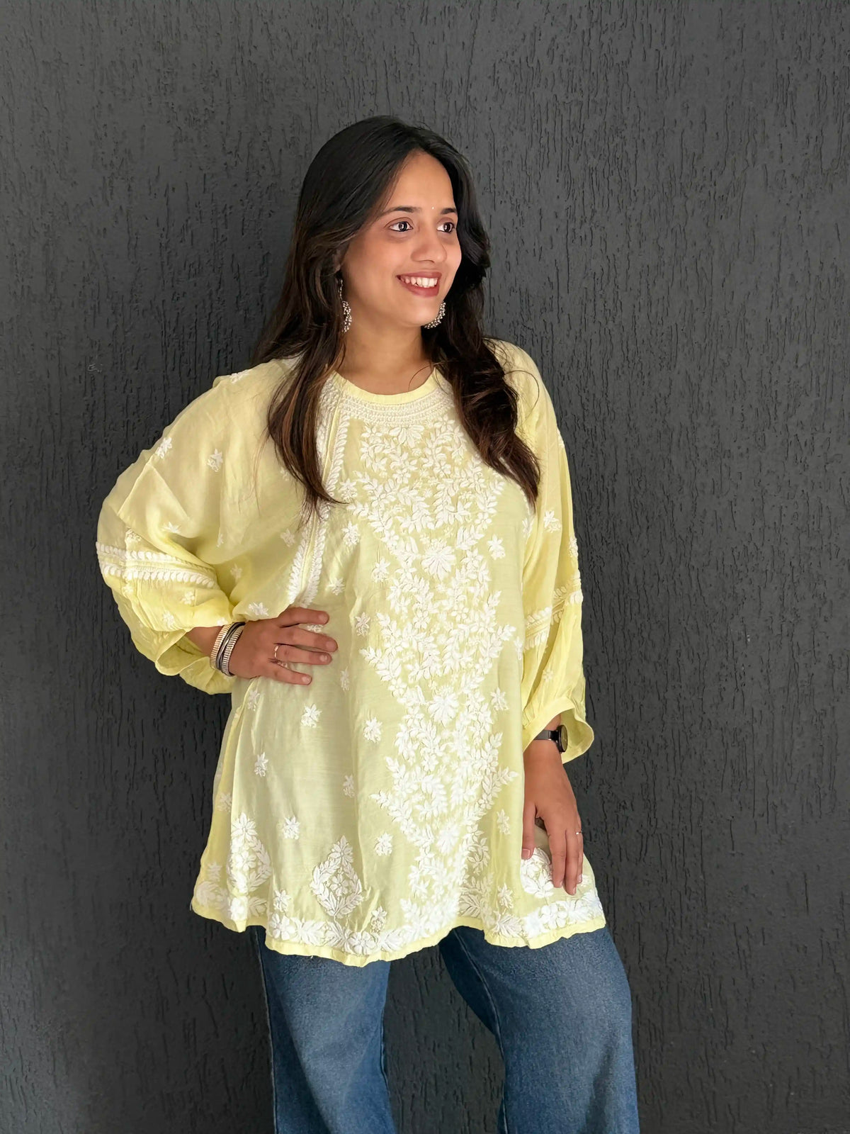 Muslin Chikankari Solid Women's Short Kurta with Puff Sleeves - Lime Yellow