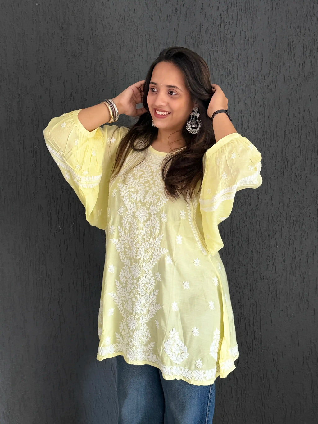 Muslin Chikankari Solid Women's Short Kurta with Puff Sleeves - Lime Yellow