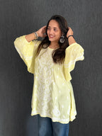 Muslin Chikankari Solid Women's Short Kurta with Puff Sleeves - Lime Yellow