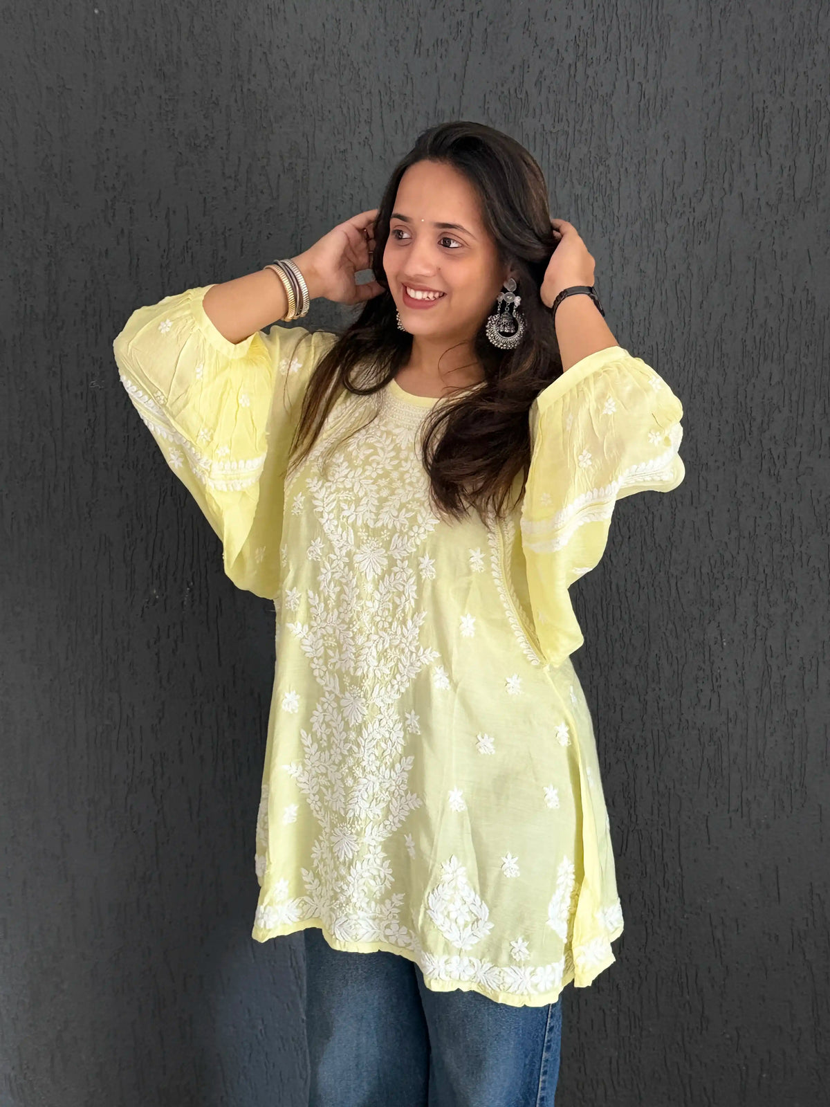 Muslin Chikankari Solid Women's Short Kurta with Puff Sleeves - Lime Yellow