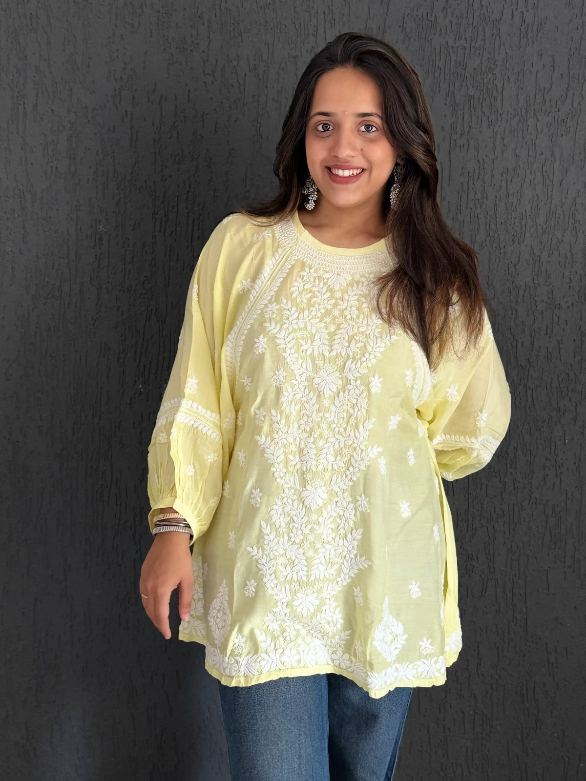 Muslin Chikankari Solid Women's Short Kurta with Puff Sleeves - Lime Yellow