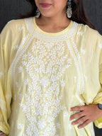 Muslin Chikankari Solid Women's Short Kurta with Puff Sleeves - Lime Yellow