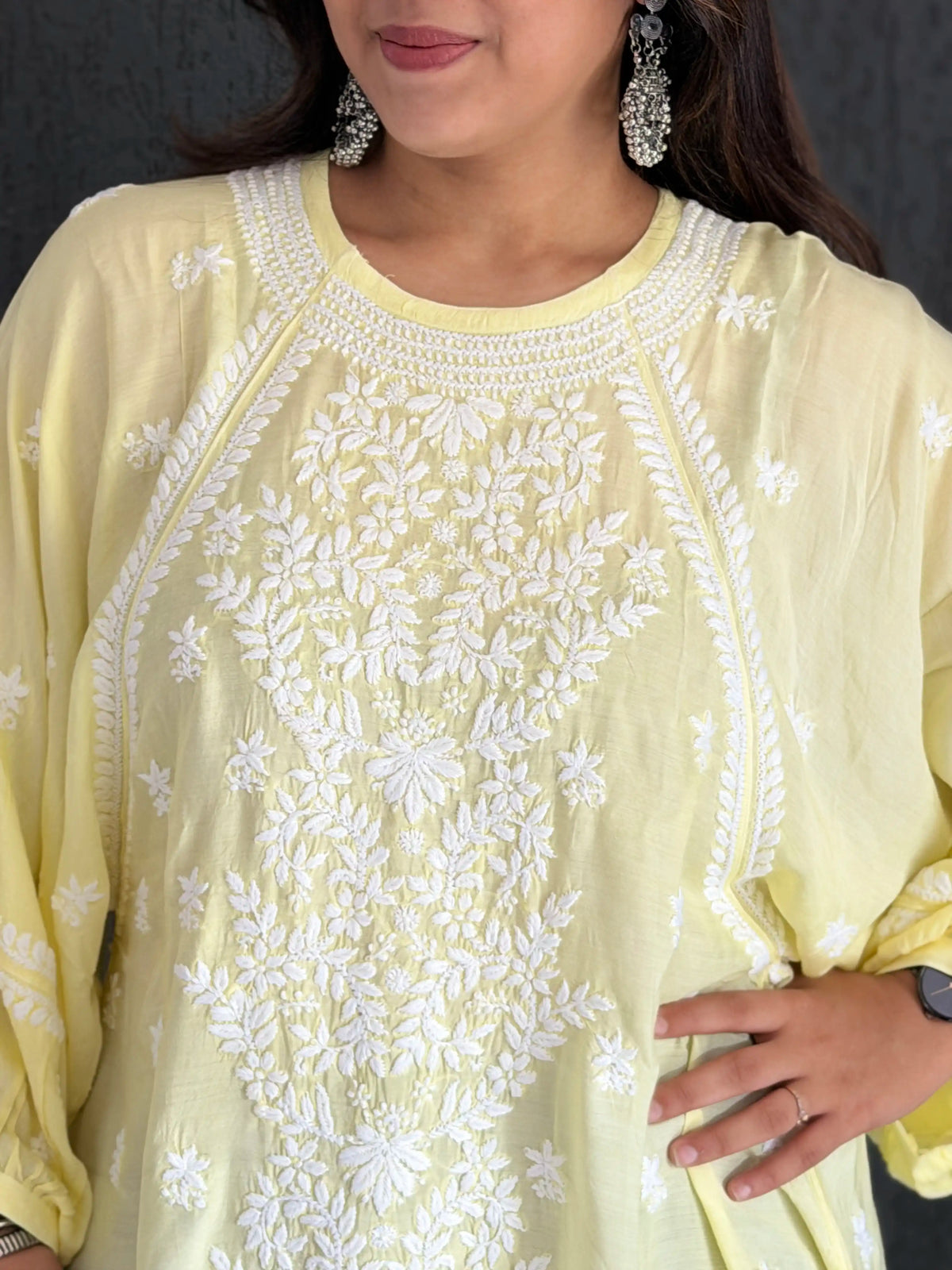 Muslin Chikankari Solid Women's Short Kurta with Puff Sleeves - Lime Yellow