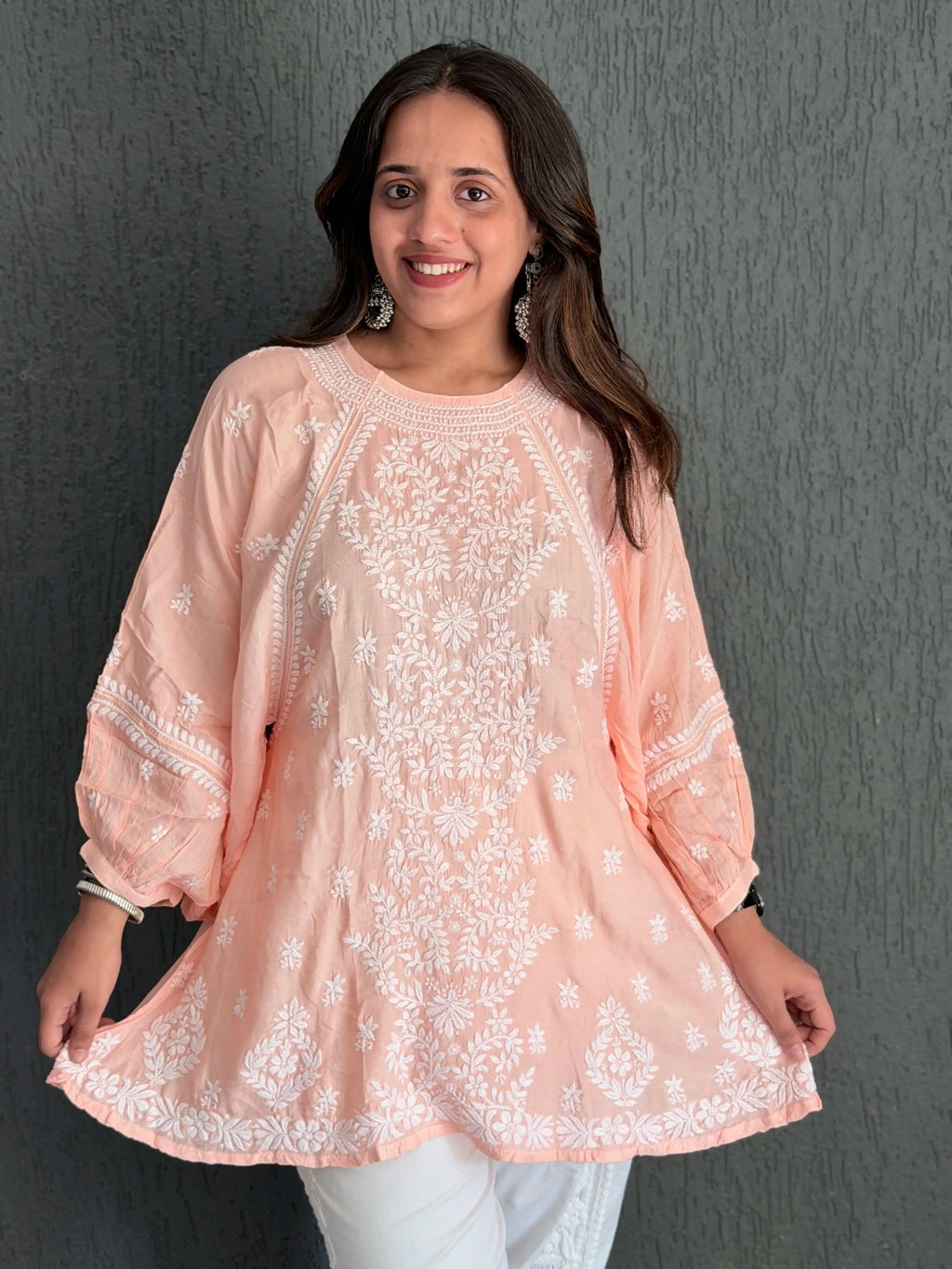Muslin Chikankari Solid Women's Short Kurta with Puff Sleeves - Peach
