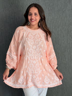 Muslin Chikankari Solid Women's Short Kurta with Puff Sleeves - Peach