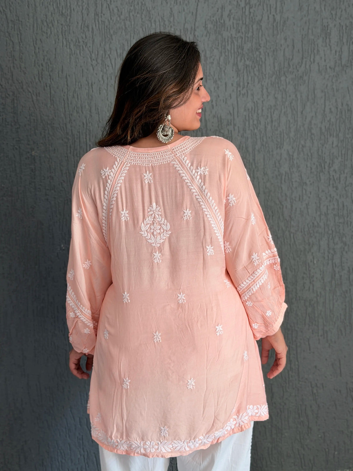 Muslin Chikankari Solid Women's Short Kurta with Puff Sleeves - Peach