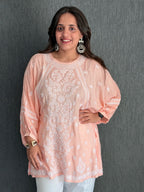 Muslin Chikankari Solid Women's Short Kurta with Puff Sleeves - Peach