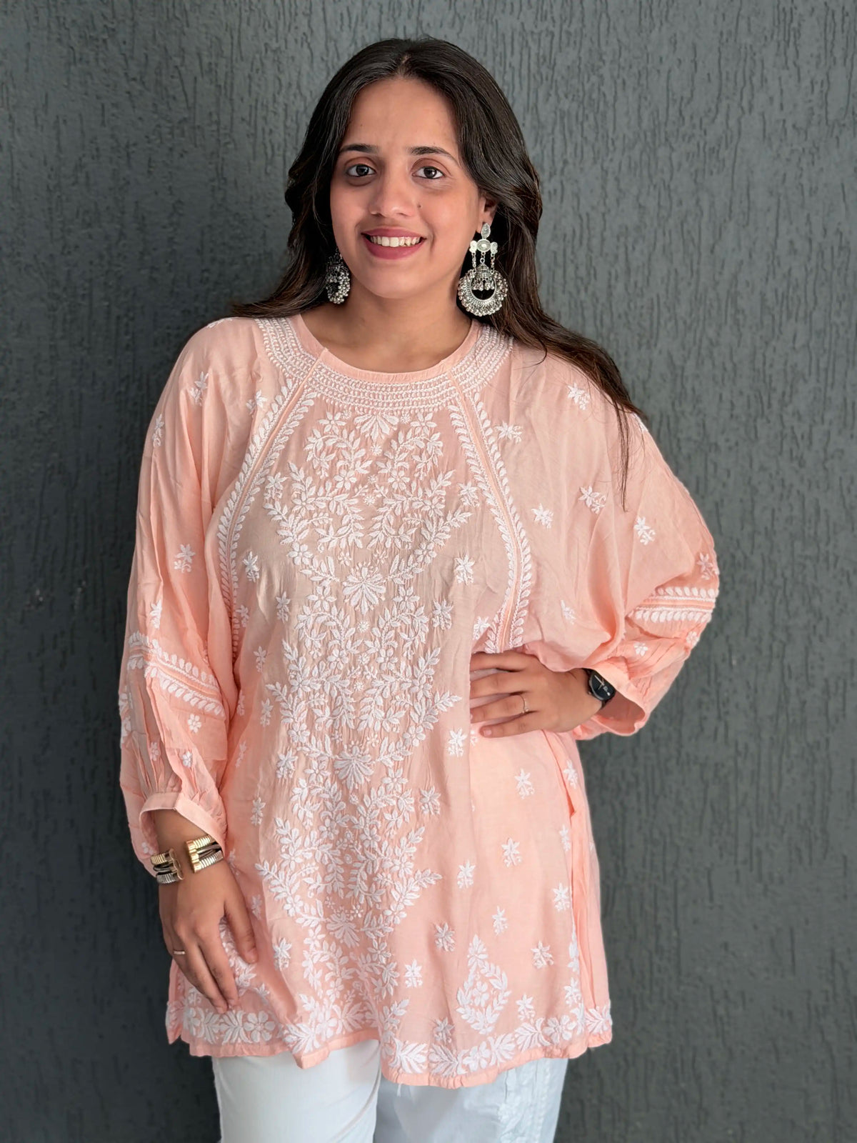 Muslin Chikankari Solid Women's Short Kurta with Puff Sleeves - Peach