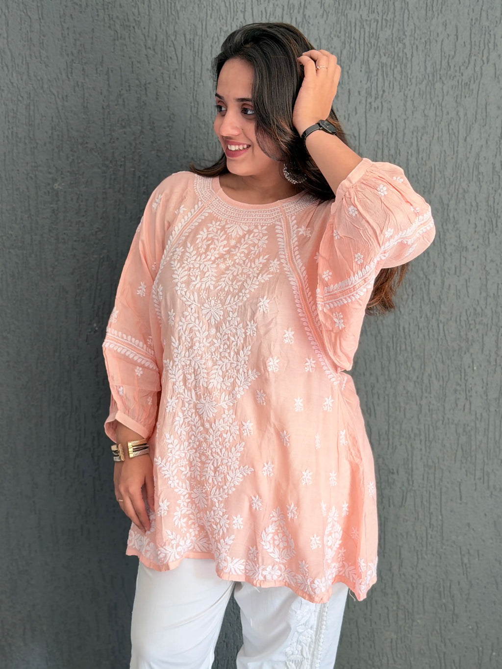 Muslin Chikankari Solid Women's Short Kurta with Puff Sleeves - Peach