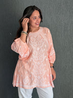 Muslin Chikankari Solid Women's Short Kurta with Puff Sleeves - Peach