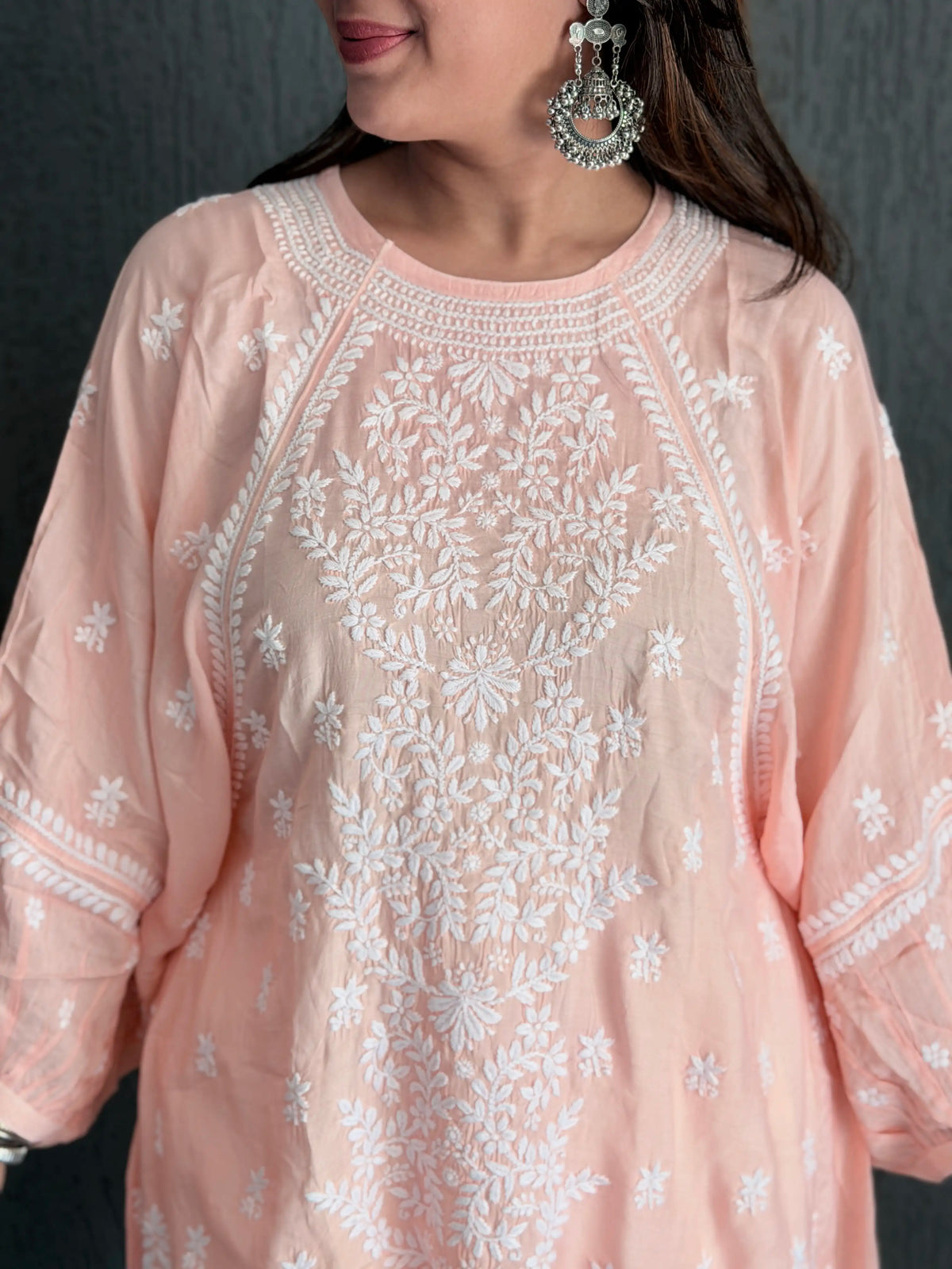 Muslin Chikankari Solid Women's Short Kurta with Puff Sleeves - Peach