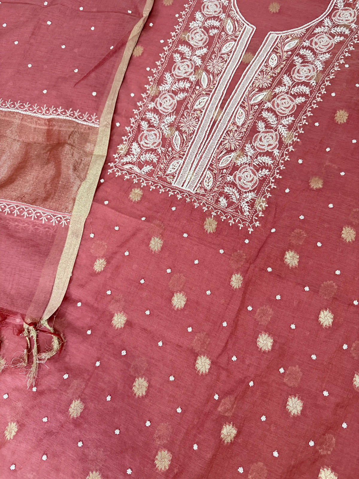 Mulmul Chikankari Solid Women's Unstitched Suit - Brick Red
