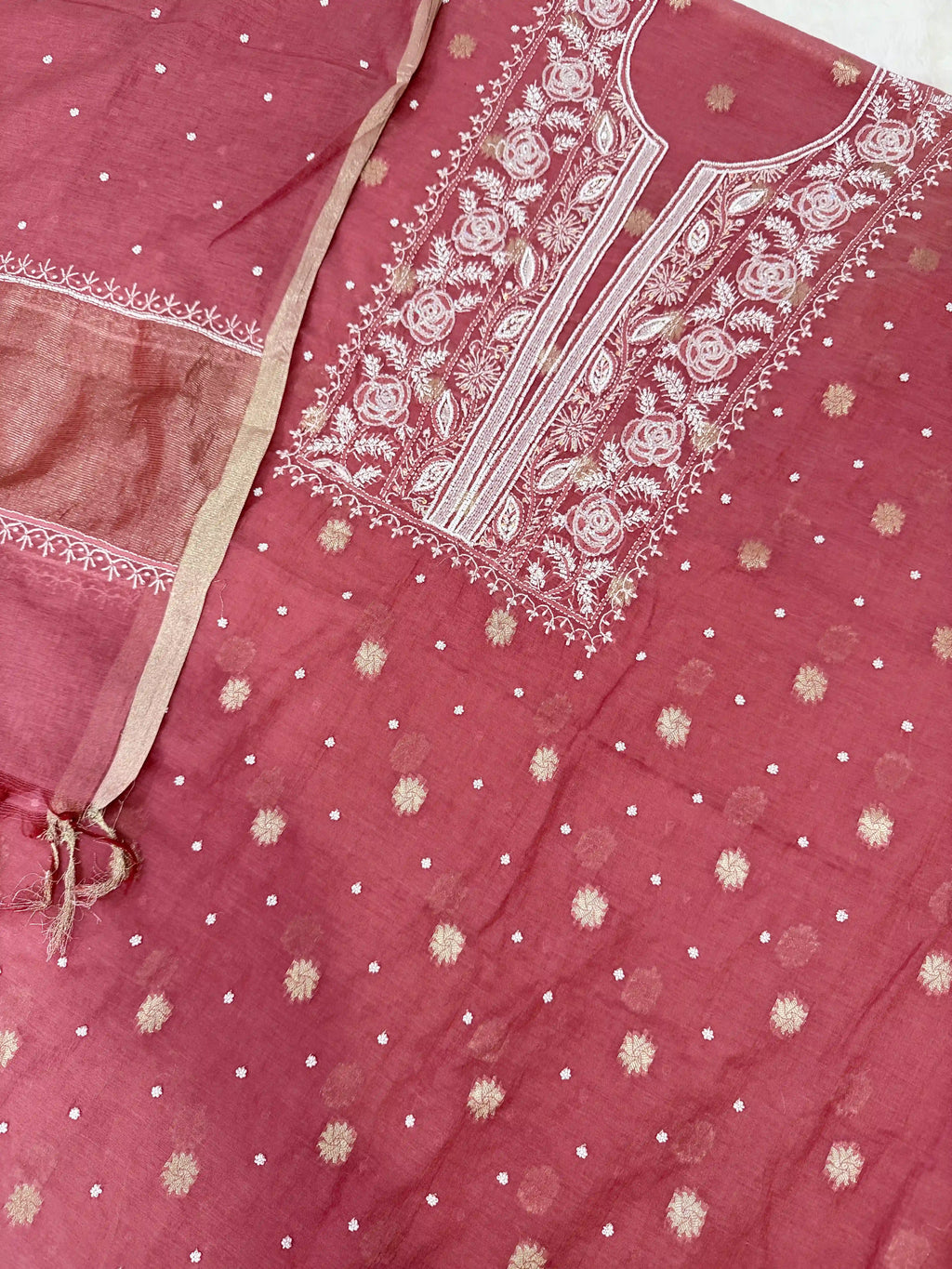 Mulmul Chikankari Solid Women's Unstitched Suit - Brick Red