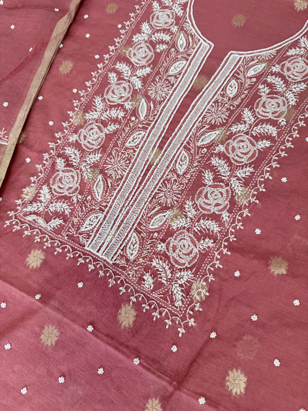 Mulmul Chikankari Solid Women's Unstitched Suit - Brick Red